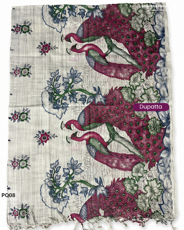 Rani Pink Jacquard 3PC Kurti Set with Peacock Dupatta & Elastic Pant | Bhavana Handlooms
