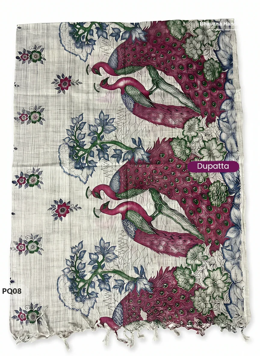 Rani Pink Jacquard 3PC Kurti Set with Peacock Dupatta & Elastic Pant | Bhavana Handlooms