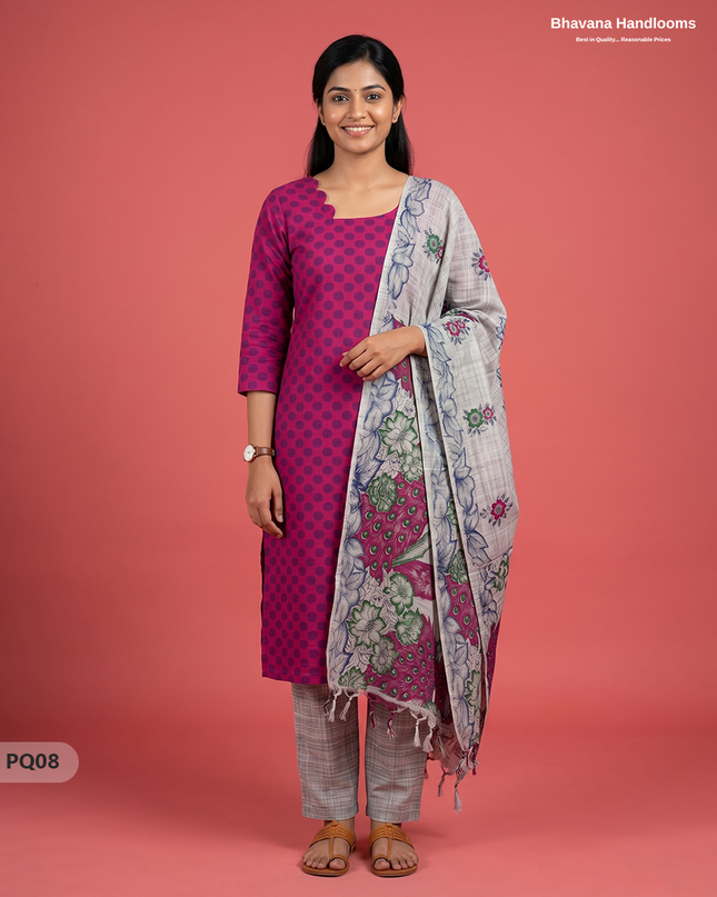Rani Pink Jacquard 3PC Kurti Set with Peacock Dupatta & Elastic Pant | Bhavana Handlooms