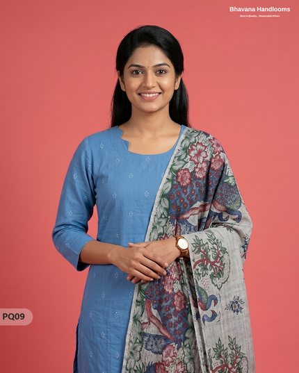 Sky Blue Jacquard 3PC Kurti Set with Peacock Dupatta & Elastic Pant | Bhavana Handlooms