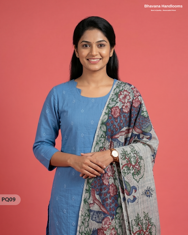 Sky Blue Jacquard 3PC Kurti Set with Peacock Dupatta & Elastic Pant | Bhavana Handlooms