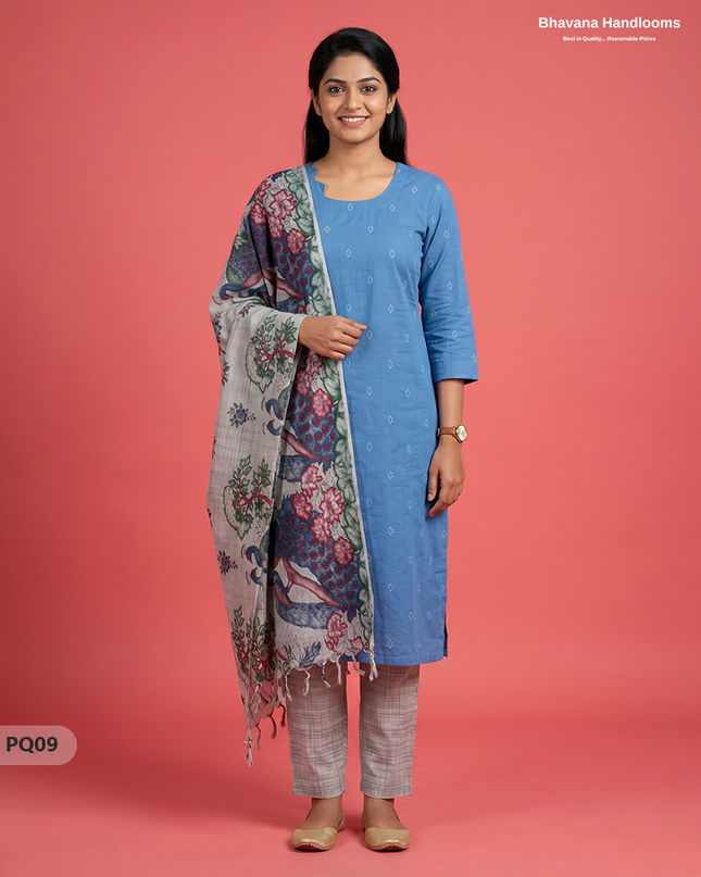 Sky Blue Jacquard 3PC Kurti Set with Peacock Dupatta & Elastic Pant | Bhavana Handlooms