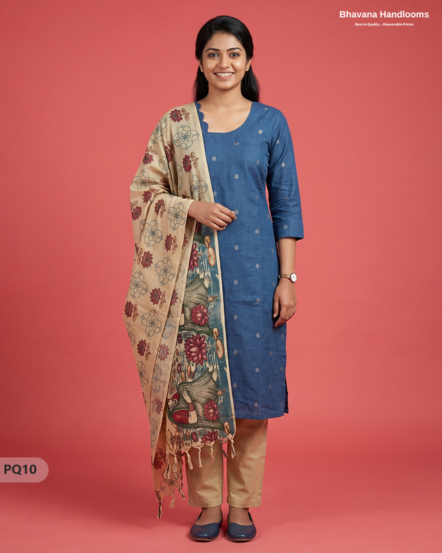 Denim Blue Jacquard 3PC Kurti Set with Peacock Dupatta & Elastic Pant | Bhavana Handlooms