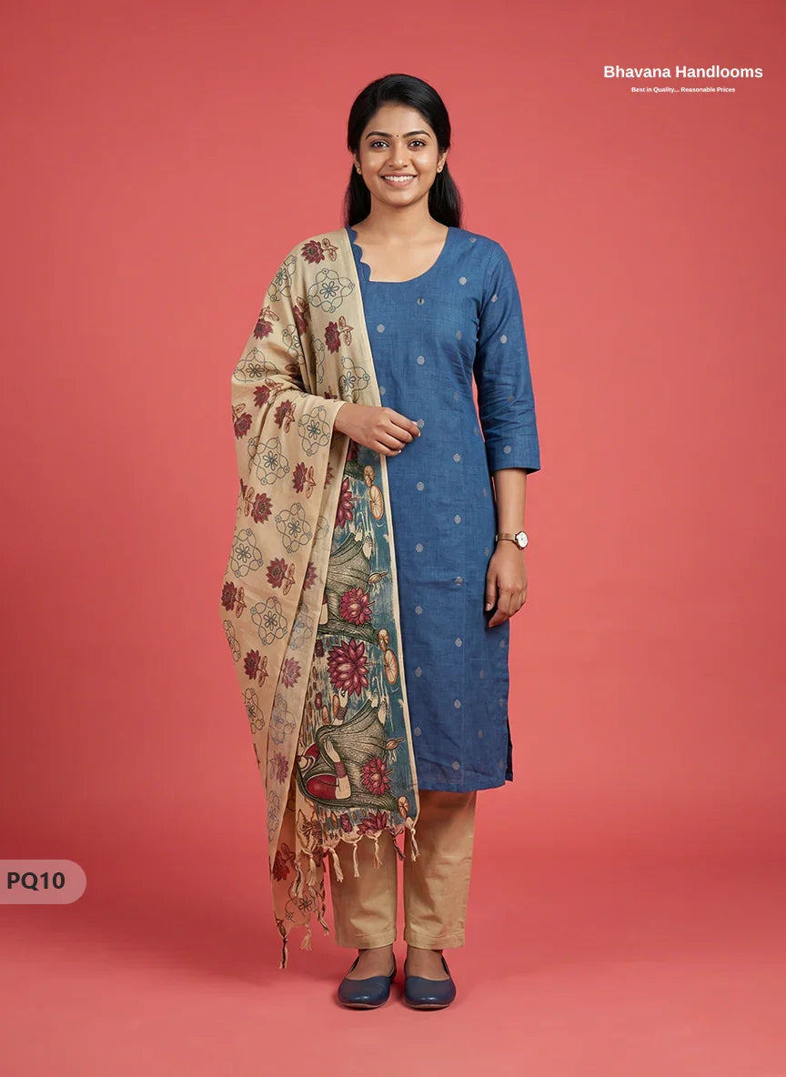 Denim Blue Jacquard 3PC Kurti Set with Peacock Dupatta & Elastic Pant | Bhavana Handlooms