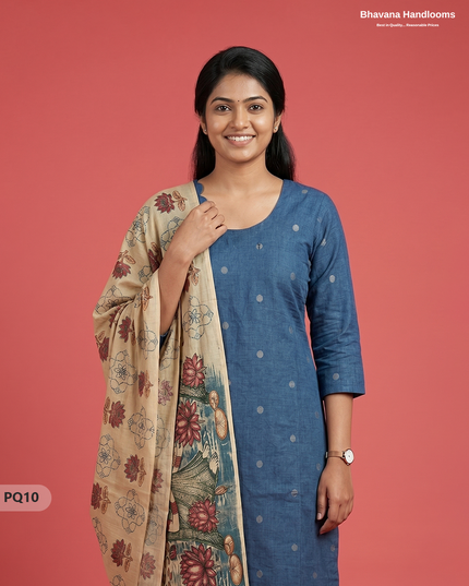 Denim Blue Jacquard 3PC Kurti Set with Peacock Dupatta & Elastic Pant | Bhavana Handlooms