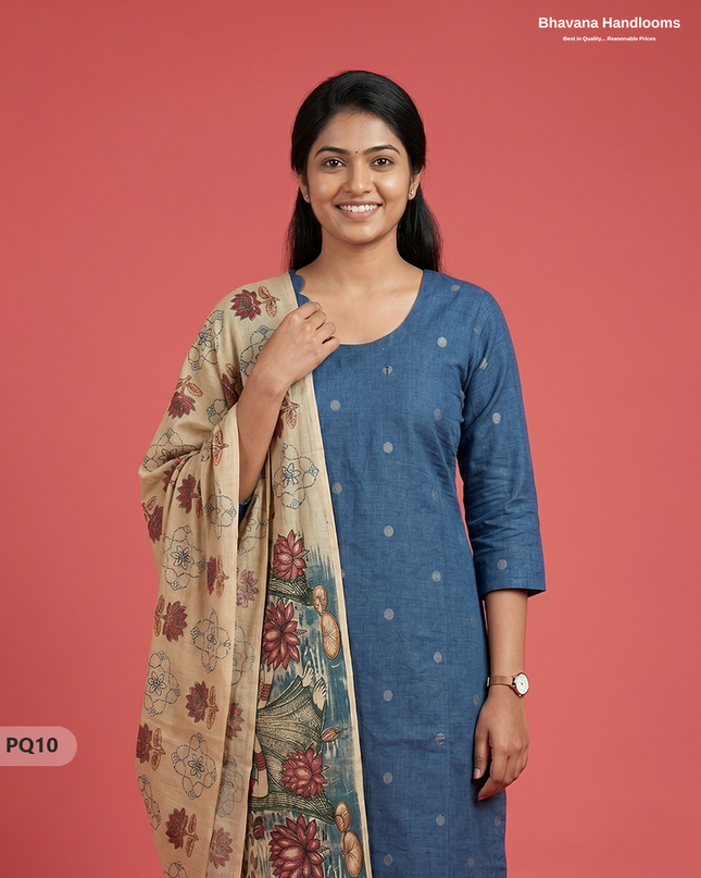 Denim Blue Jacquard 3PC Kurti Set with Peacock Dupatta & Elastic Pant | Bhavana Handlooms