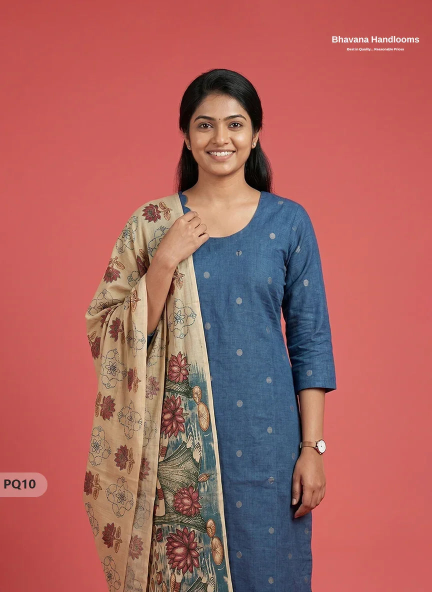 Denim Blue Jacquard 3PC Kurti Set with Peacock Dupatta & Elastic Pant | Bhavana Handlooms