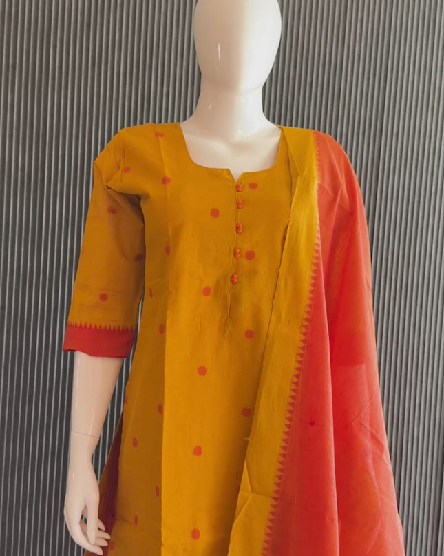 Mangalagiri Premium Cotton 3PC Set with Full-Length Lining & Elastic Pocket Bottom – Yellow colour