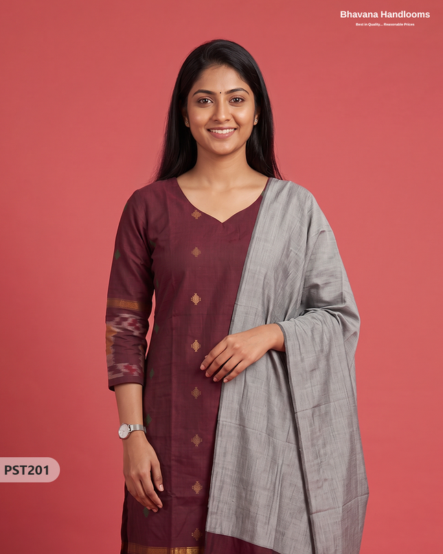 Pochampally Semi Pattu 3PC Kurti Set in Burgundy Maroon Colour | Ready-to-Wear Ethnic Wear