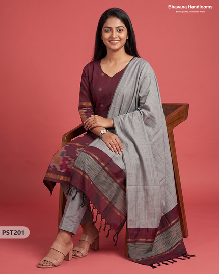 Pochampally Semi Pattu 3PC Kurti Set in Burgundy Maroon Colour | Ready-to-Wear Ethnic Wear