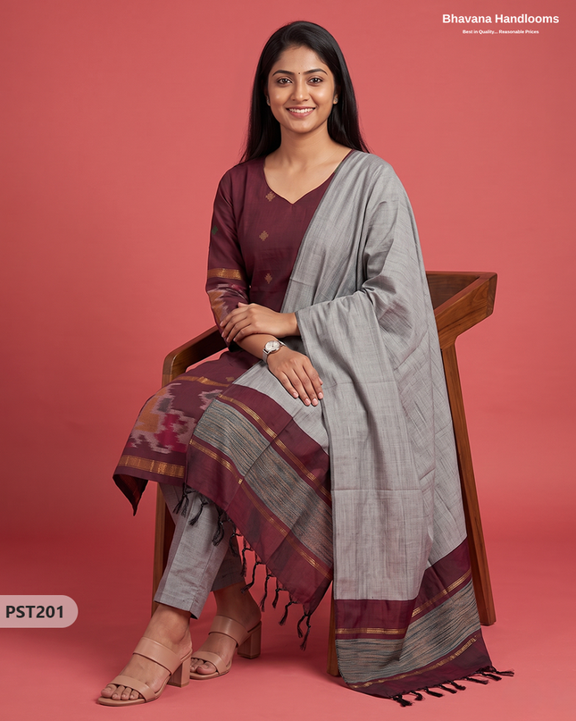 Pochampally Semi Pattu 3PC Kurti Set in Burgundy Maroon Colour | Ready-to-Wear Ethnic Wear
