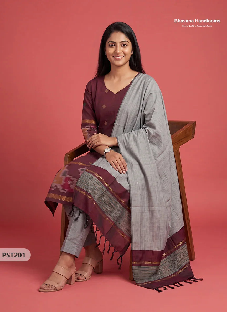 Pochampally Semi Pattu 3PC Kurti Set in Burgundy Maroon Colour | Ready-to-Wear Ethnic Wear