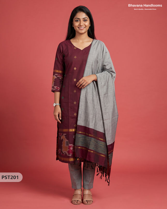 Pochampally Semi Pattu 3PC Kurti Set in Burgundy Maroon Colour | Ready-to-Wear Ethnic Wear