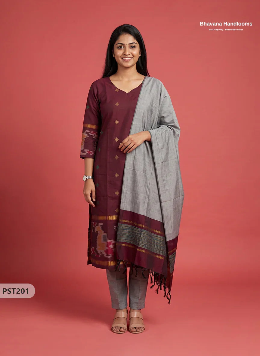 Pochampally Semi Pattu 3PC Kurti Set in Burgundy Maroon Colour | Ready-to-Wear Ethnic Wear