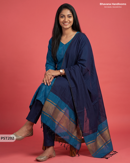 Pochampally Semi Pattu 3PC Kurti Set in Peacock Blue Colour | Ready-to-Wear Ethnic Wear