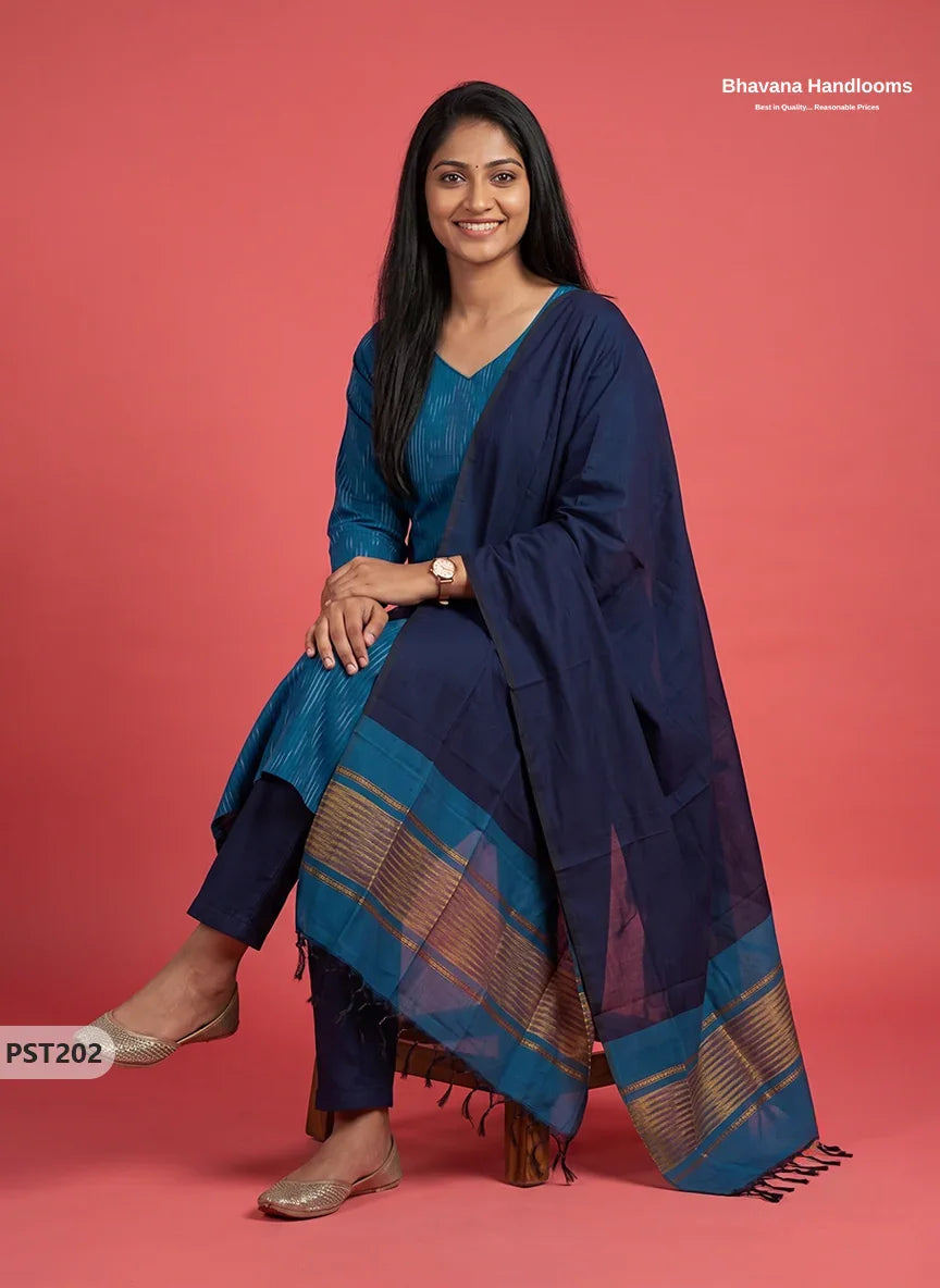 Pochampally Semi Pattu 3PC Kurti Set in Peacock Blue Colour | Ready-to-Wear Ethnic Wear