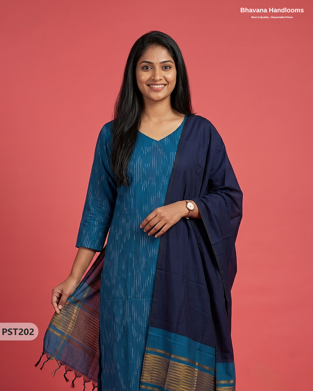 Pochampally Semi Pattu 3PC Kurti Set in Peacock Blue Colour | Ready-to-Wear Ethnic Wear