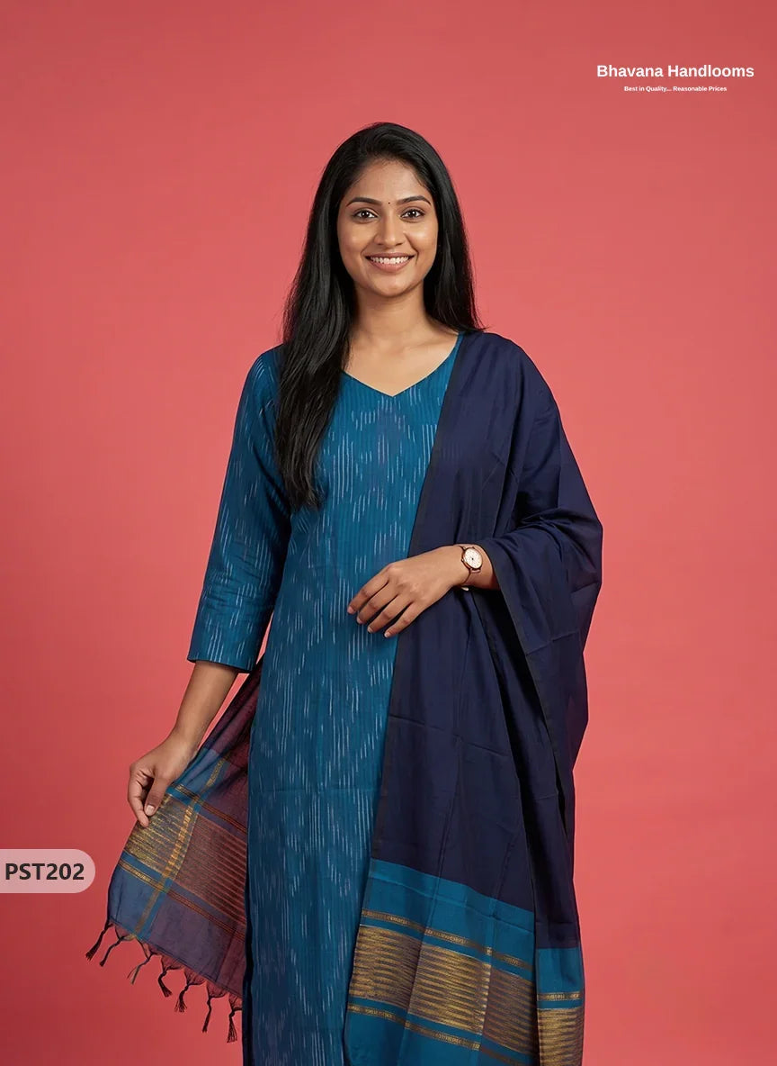 Pochampally Semi Pattu 3PC Kurti Set in Peacock Blue Colour | Ready-to-Wear Ethnic Wear