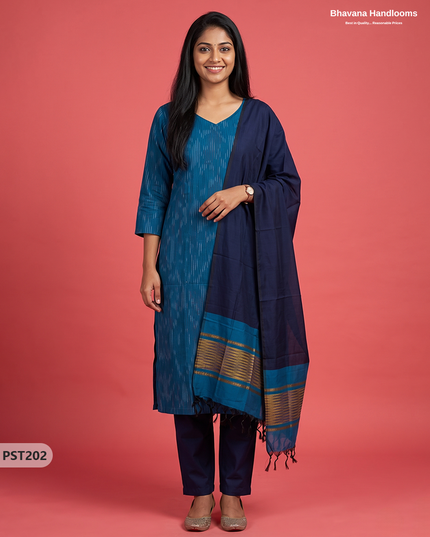 Pochampally Semi Pattu 3PC Kurti Set in Peacock Blue Colour | Ready-to-Wear Ethnic Wear