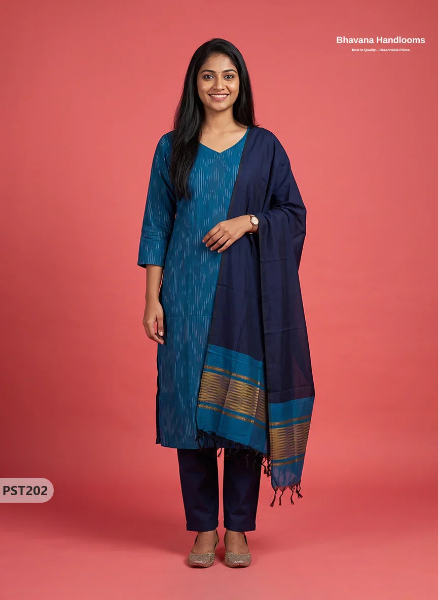 Pochampally Semi Pattu 3PC Kurti Set in Peacock Blue Colour | Ready-to-Wear Ethnic Wear