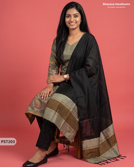 Pochampally Semi Pattu 3PC Kurti Set in Olive Grey Colour | Ready-to-Wear Ethnic Wear