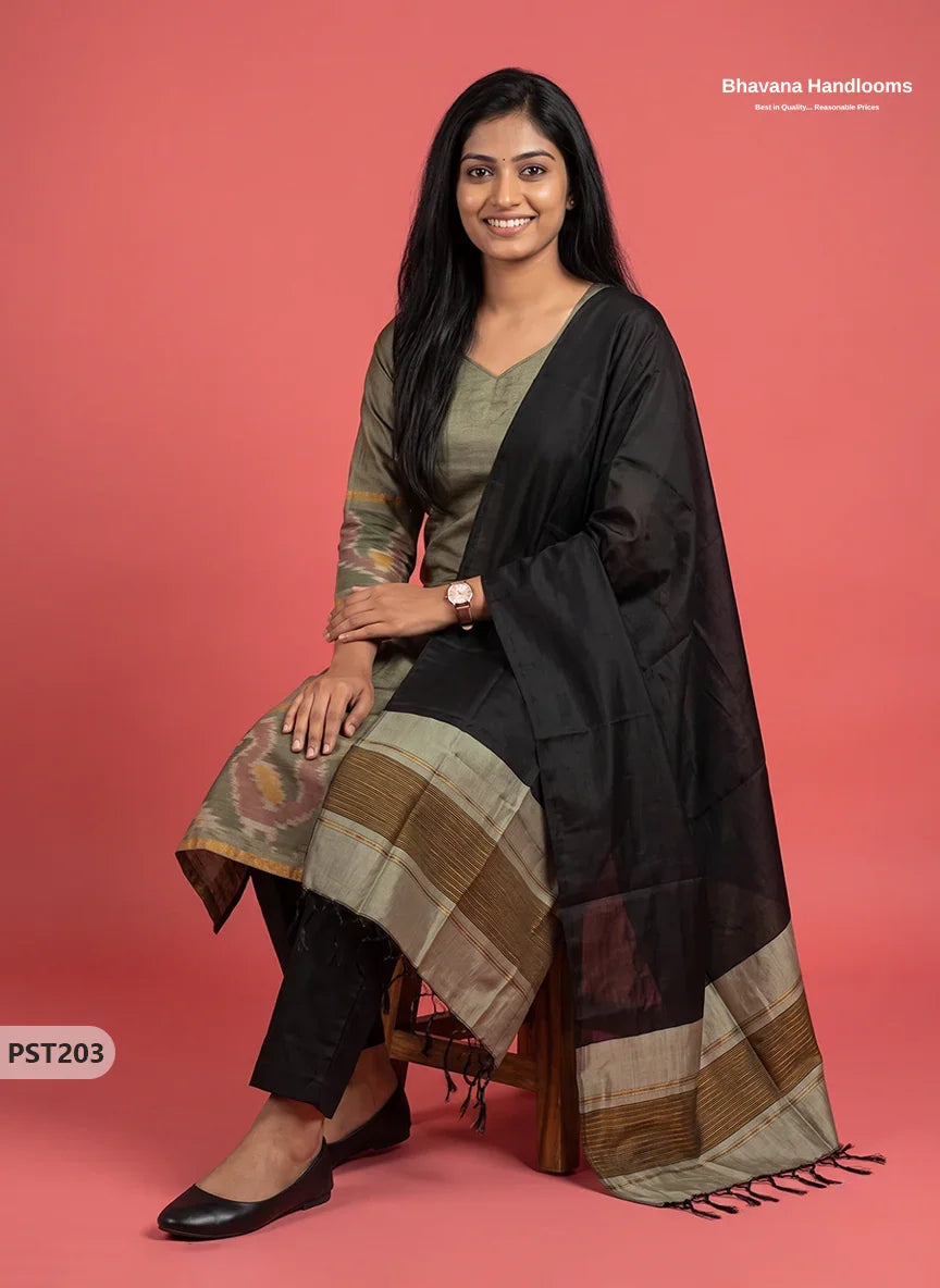 Pochampally Semi Pattu 3PC Kurti Set in Olive Grey Colour | Ready-to-Wear Ethnic Wear
