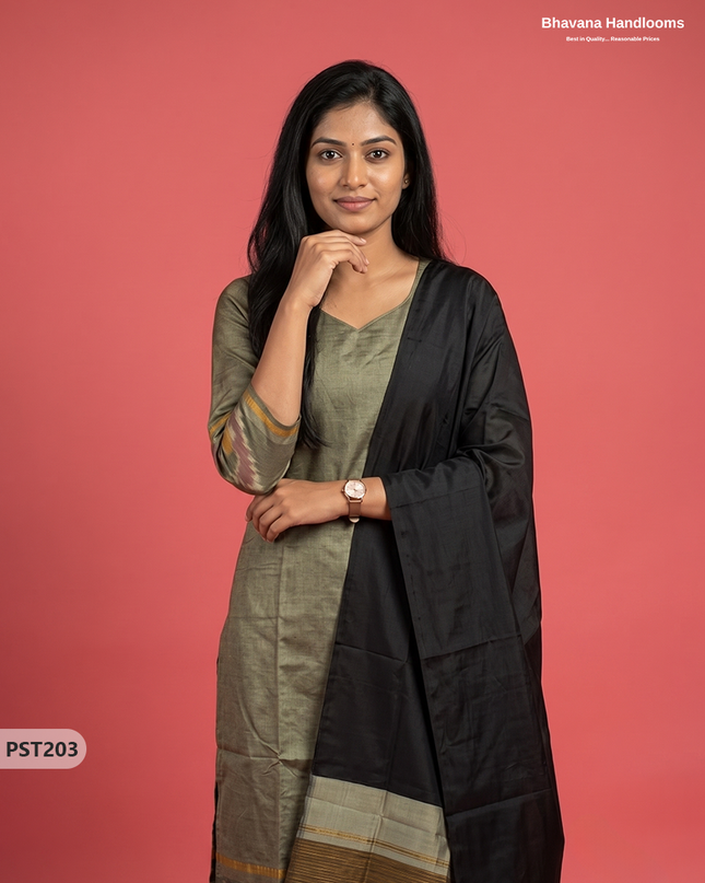 Pochampally Semi Pattu 3PC Kurti Set in Olive Grey Colour | Ready-to-Wear Ethnic Wear