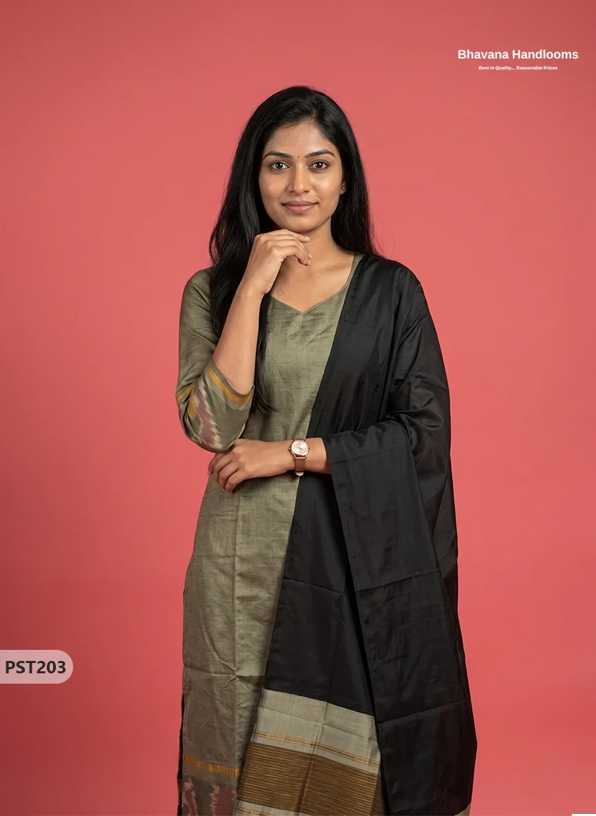 Pochampally Semi Pattu 3PC Kurti Set in Olive Grey Colour | Ready-to-Wear Ethnic Wear