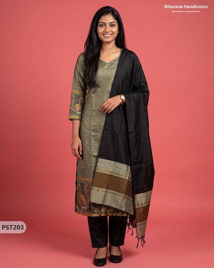 Pochampally Semi Pattu 3PC Kurti Set in Olive Grey Colour | Ready-to-Wear Ethnic Wear
