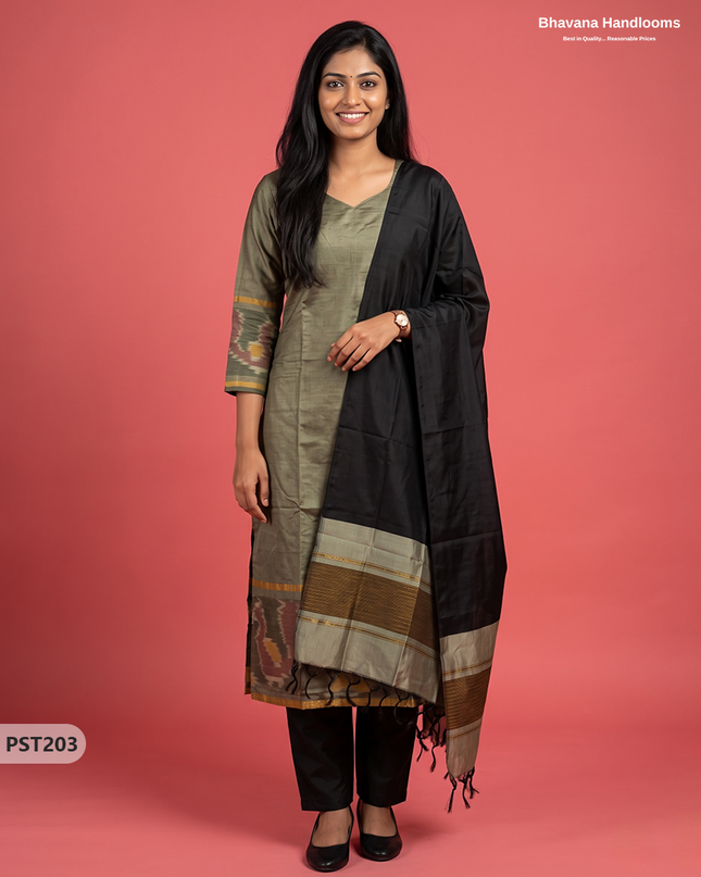 Pochampally Semi Pattu 3PC Kurti Set in Olive Grey Colour | Ready-to-Wear Ethnic Wear