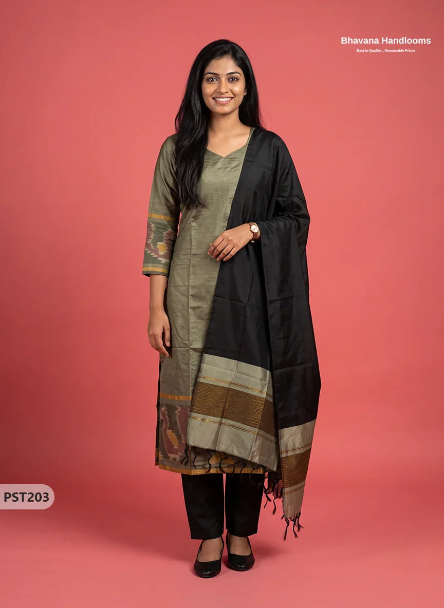 Pochampally Semi Pattu 3PC Kurti Set in Olive Grey Colour | Ready-to-Wear Ethnic Wear