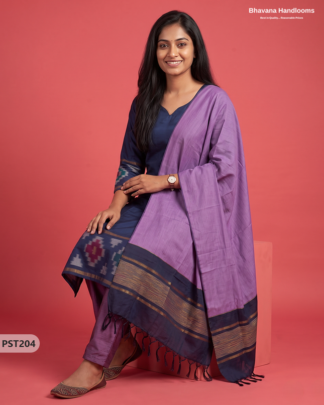 Pochampally Semi Pattu 3PC Kurti Set in Midnight Navy Blue Colour | Ready-to-Wear Ethnic Wear
