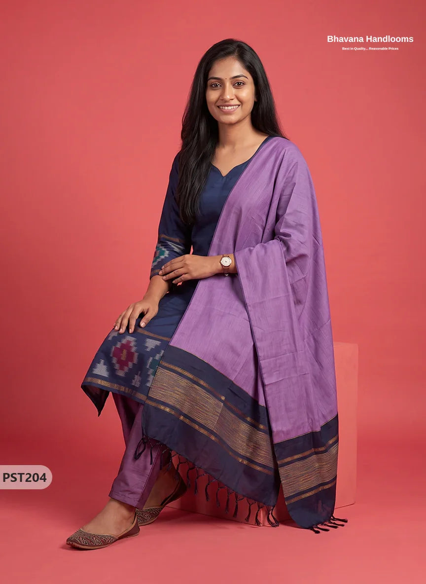 Pochampally Semi Pattu 3PC Kurti Set in Midnight Navy Blue Colour | Ready-to-Wear Ethnic Wear