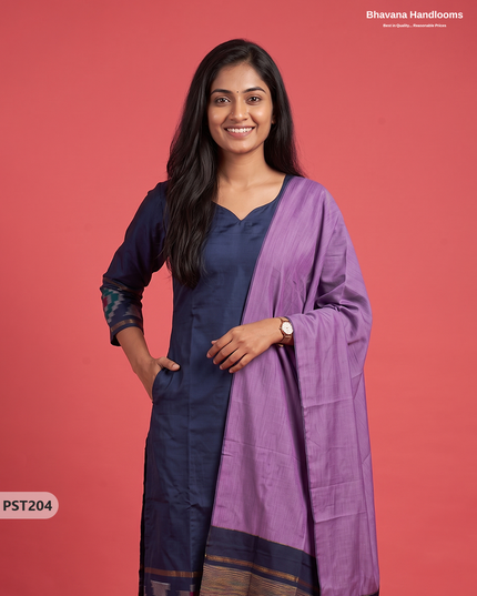 Pochampally Semi Pattu 3PC Kurti Set in Midnight Navy Blue Colour | Ready-to-Wear Ethnic Wear