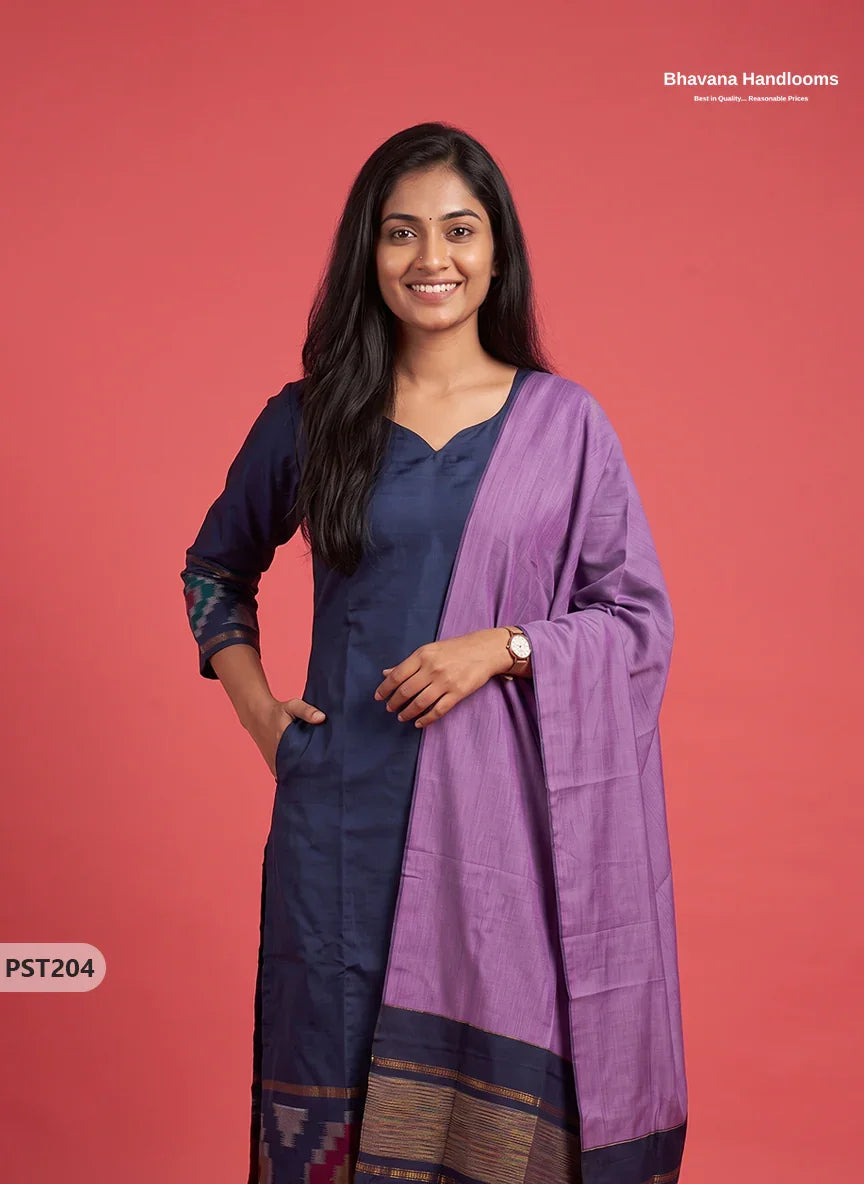 Pochampally Semi Pattu 3PC Kurti Set in Midnight Navy Blue Colour | Ready-to-Wear Ethnic Wear