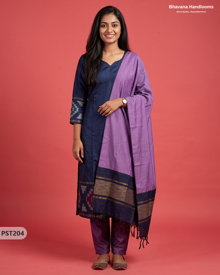 Pochampally Semi Pattu 3PC Kurti Set in Midnight Navy Blue Colour | Ready-to-Wear Ethnic Wear