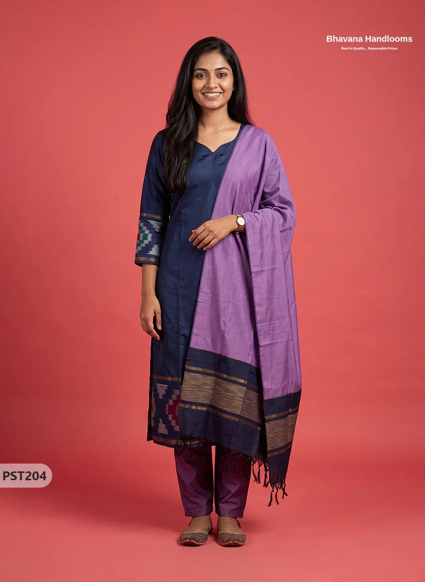 Pochampally Semi Pattu 3PC Kurti Set in Midnight Navy Blue Colour | Ready-to-Wear Ethnic Wear