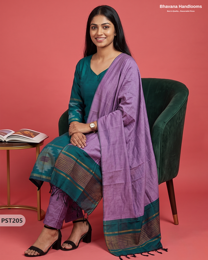 Pochampally Semi Pattu 3PC Kurti Set in Peacock Teal Green Colour | Ready-to-Wear Ethnic Wear