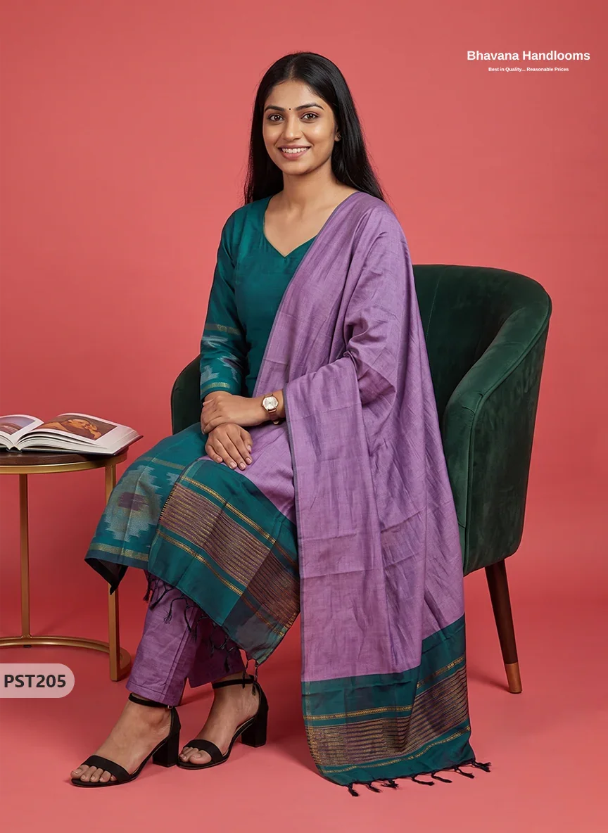 Pochampally Semi Pattu 3PC Kurti Set in Peacock Teal Green Colour | Ready-to-Wear Ethnic Wear