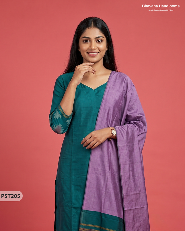 Pochampally Semi Pattu 3PC Kurti Set in Peacock Teal Green Colour | Ready-to-Wear Ethnic Wear