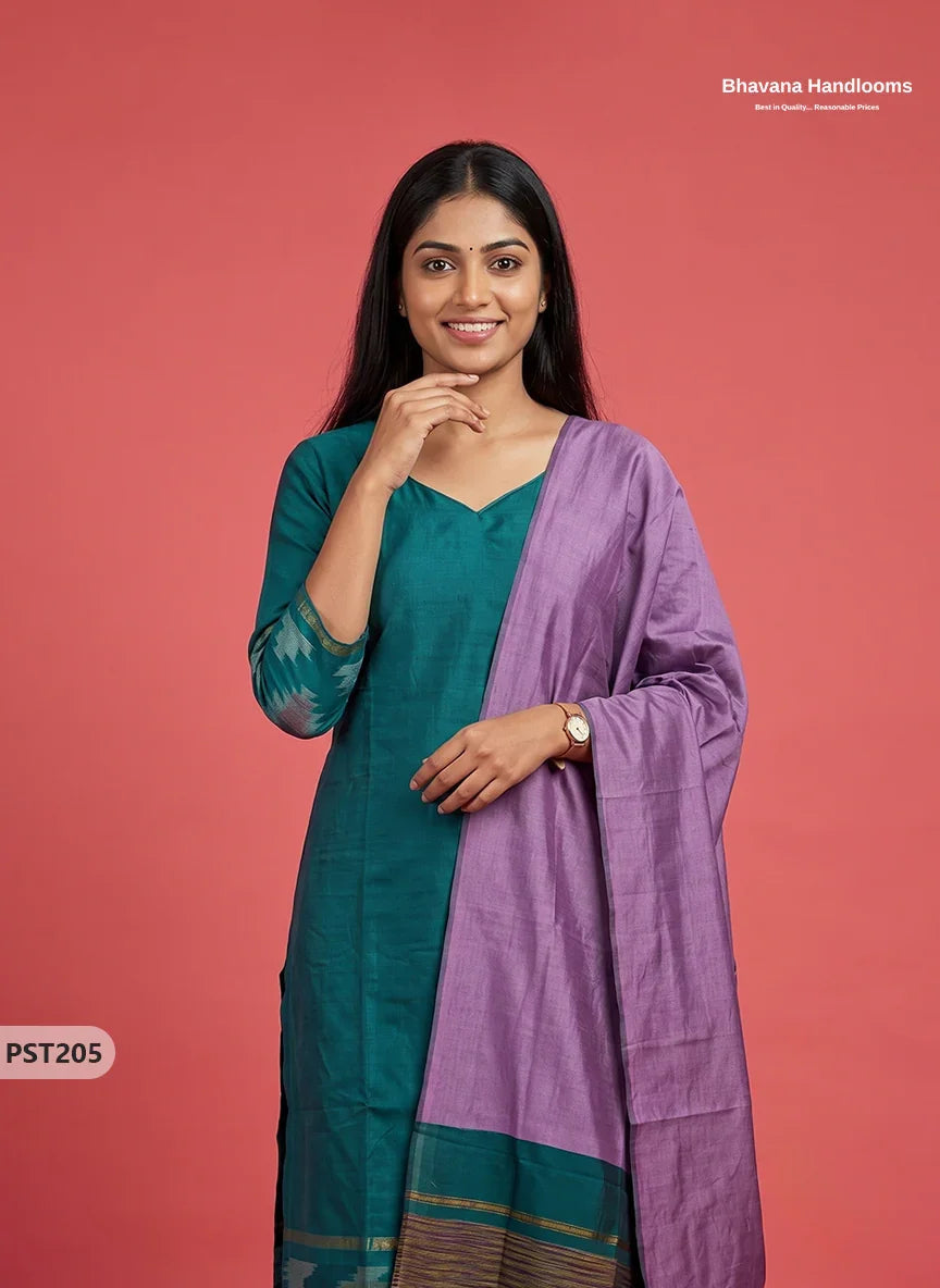 Pochampally Semi Pattu 3PC Kurti Set in Peacock Teal Green Colour | Ready-to-Wear Ethnic Wear