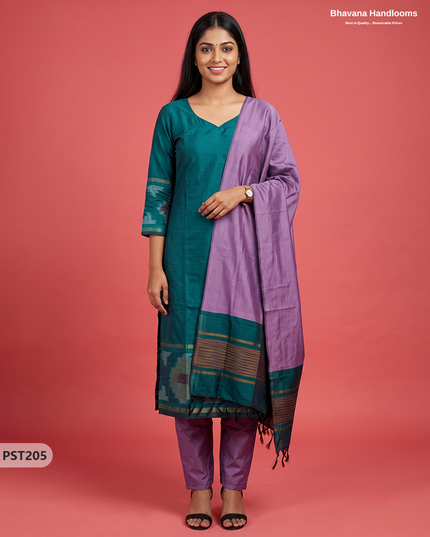 Pochampally Semi Pattu 3PC Kurti Set in Peacock Teal Green Colour | Ready-to-Wear Ethnic Wear