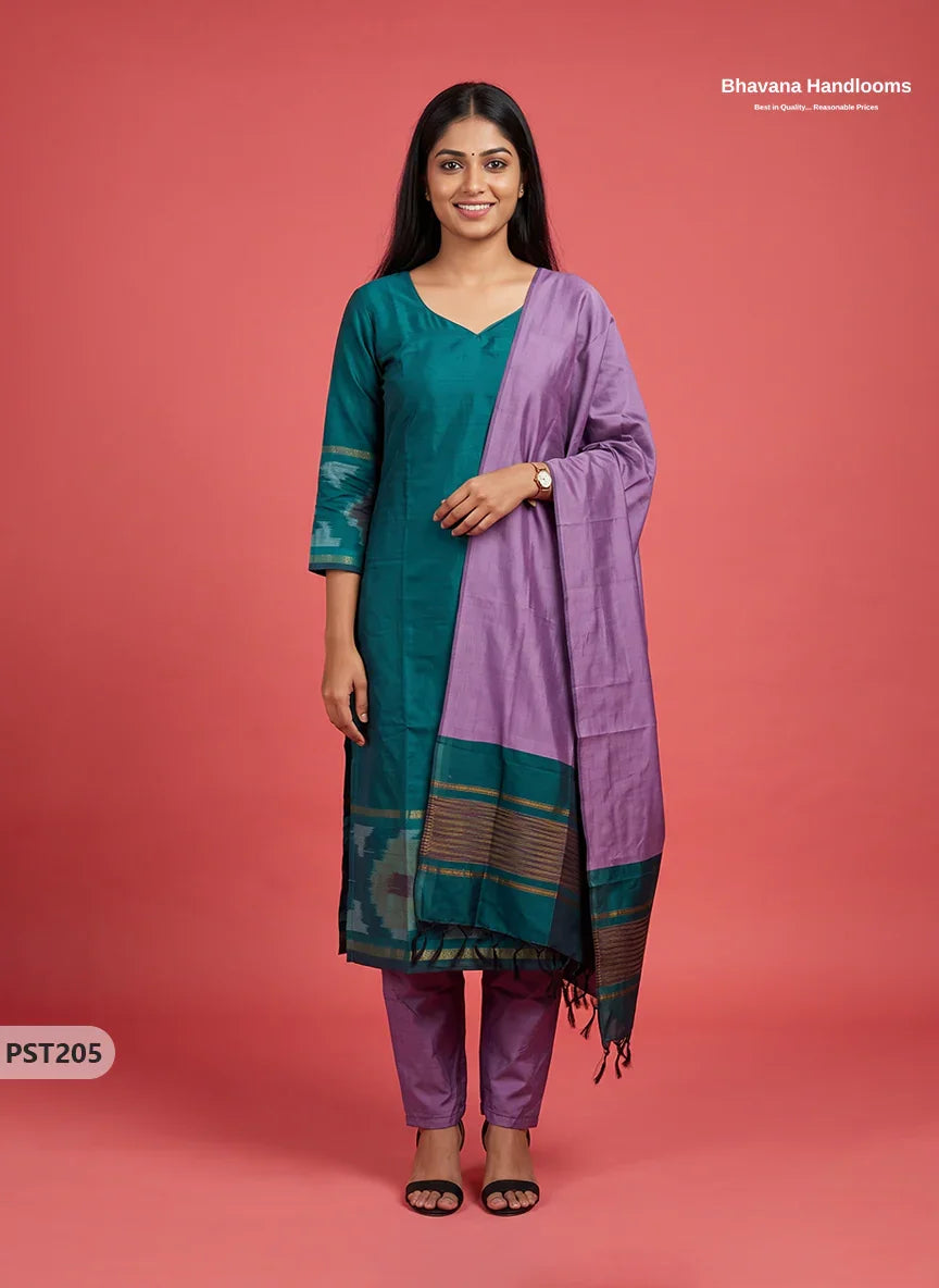 Pochampally Semi Pattu 3PC Kurti Set in Peacock Teal Green Colour | Ready-to-Wear Ethnic Wear