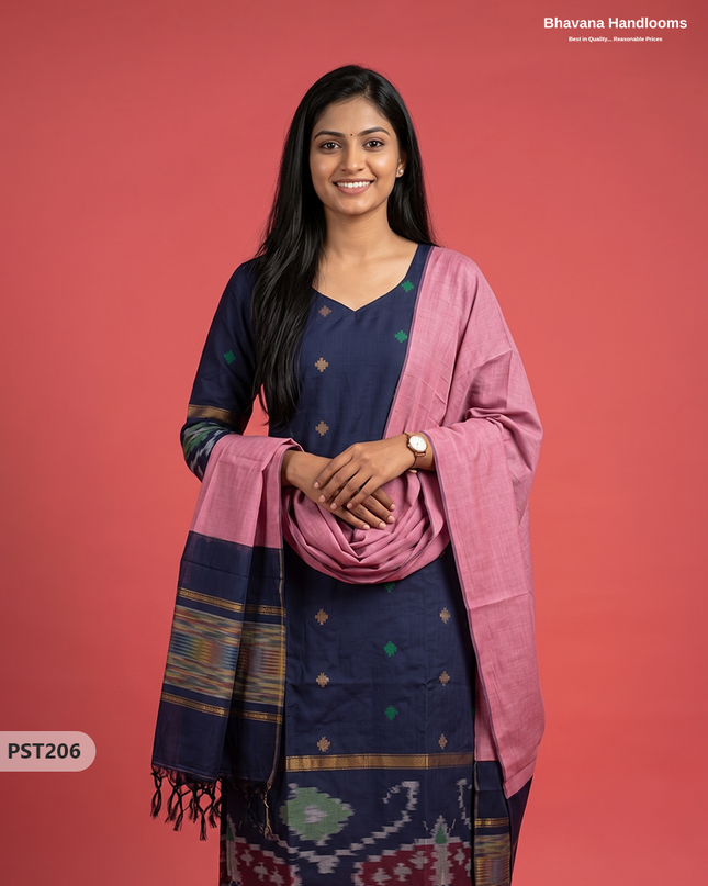 Pochampally Semi Pattu 3PC Kurti Set in Midnight Navy Blue | Ready-to-Wear Ethnic Wear