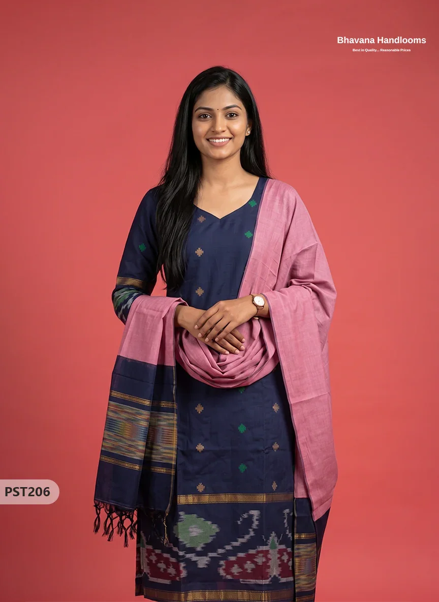 Pochampally Semi Pattu 3PC Kurti Set in Midnight Navy Blue | Ready-to-Wear Ethnic Wear