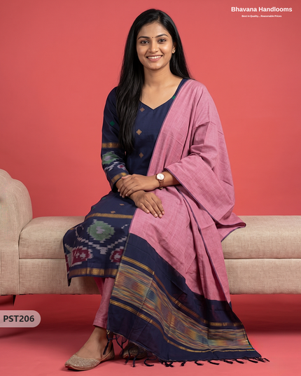 Pochampally Semi Pattu 3PC Kurti Set in Midnight Navy Blue | Ready-to-Wear Ethnic Wear