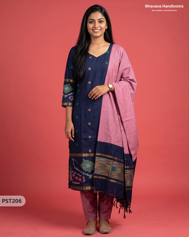 Pochampally Semi Pattu 3PC Kurti Set in Midnight Navy Blue | Ready-to-Wear Ethnic Wear