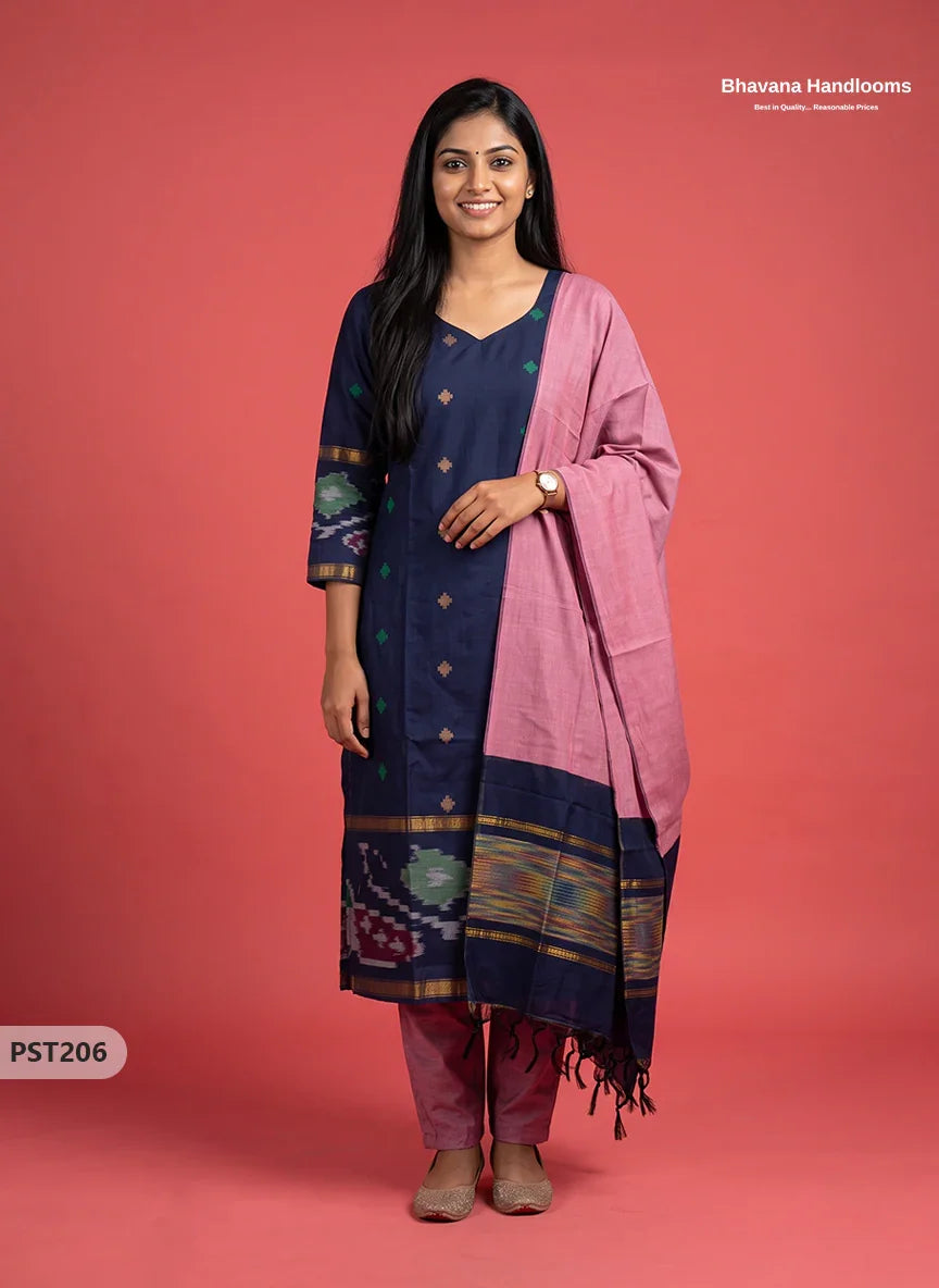 Pochampally Semi Pattu 3PC Kurti Set in Midnight Navy Blue | Ready-to-Wear Ethnic Wear