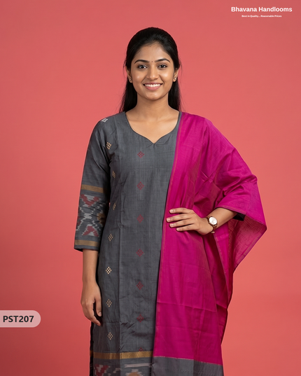 Pochampally Semi Pattu 3PC Kurti Set in Slate Grey Colour | Ready-to-Wear Ethnic Wear
