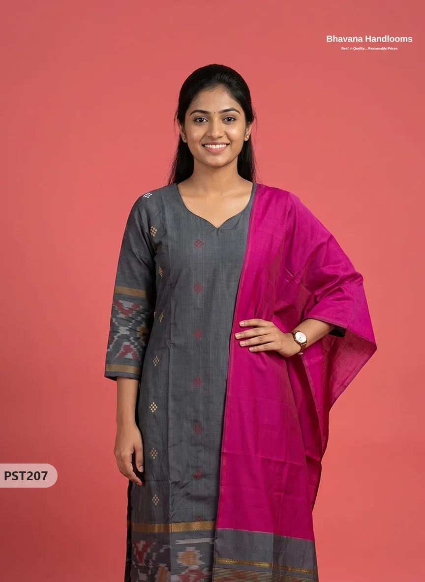 Pochampally Semi Pattu 3PC Kurti Set in Slate Grey Colour | Ready-to-Wear Ethnic Wear